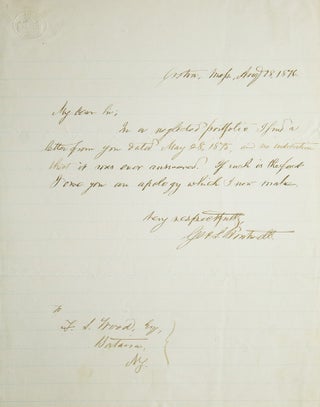 Item #249663 Autograph Letter, signed, An apology to Mr. F.S. Wood for not answering his letter....