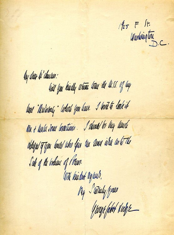 Autograph letter signed ("George Cabot Lodge") concerning the return of a manuscript and "sale of the volume of poems"