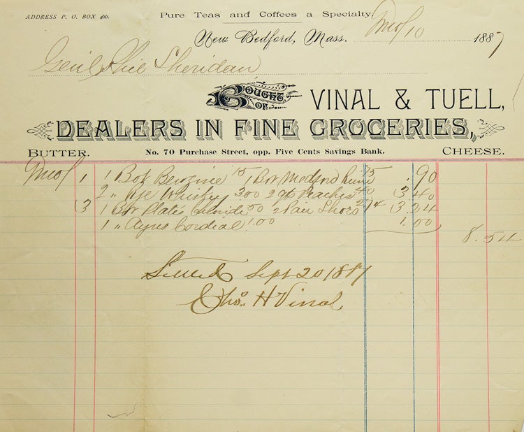 Item #249705 Grocery Bill of General Philip Sheridan. Usual stuff: Box of benzine, rye whiskey, 2 quarts of peaches, chloride, 2 pairs of shoes & Ayres cordial. Sheridan General Philip H.