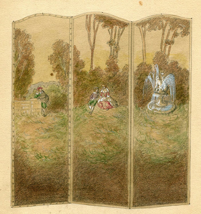 Watercolor drawings of leather screens made for George D. Thompson & Co. of 464 Fourth Avenue, New York