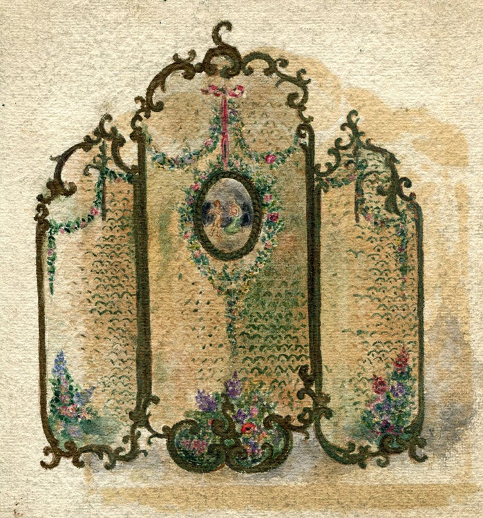 Watercolor drawings of leather screens made for George D. Thompson & Co. of 464 Fourth Avenue, New York