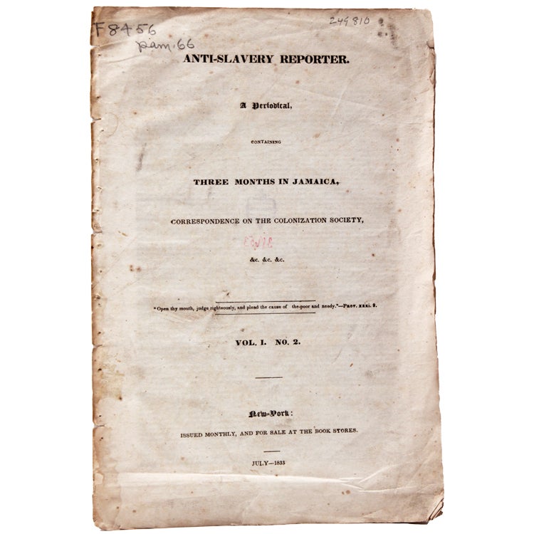 Item #249810 Anti-Slavery Reporter. A Periodical, containing Three Months in Jamaica, Correspondence on the Colonization Society. Henry Whiteley.