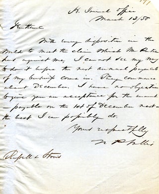 Item #249901 Autograph Letter, signed. To Russell & Storrs. N. P. Willis