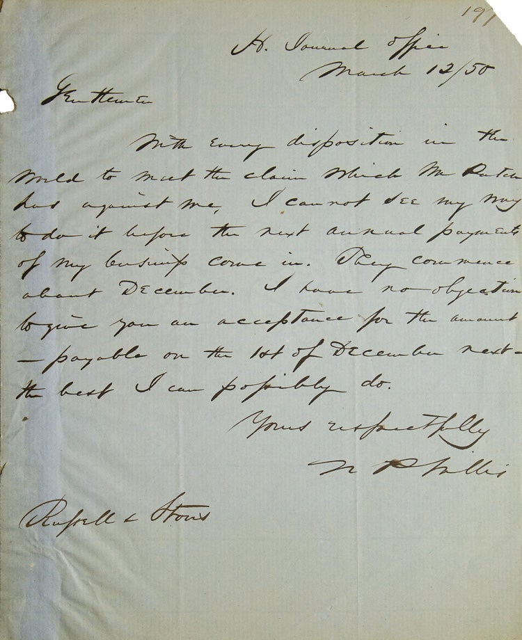 Autograph Letter, signed. To Russell & Storrs