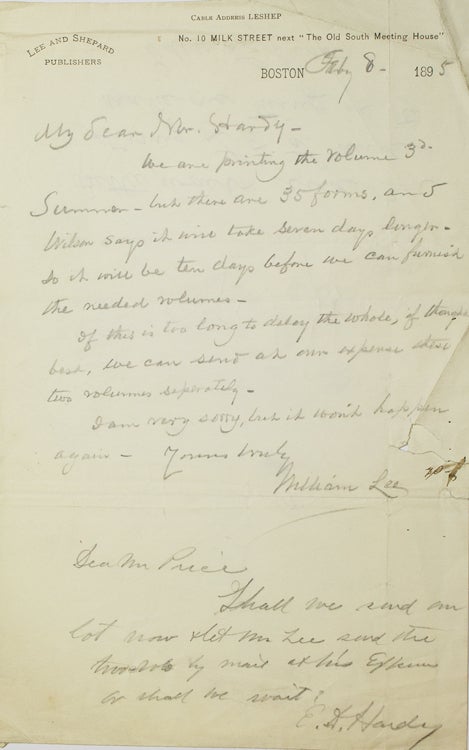 Item #250000 Autograph Letter, signed, in pencil. To Mr. Hardy With note from Mr Hardy to Mr. Price at bottom and his reply on verso. William Lee.
