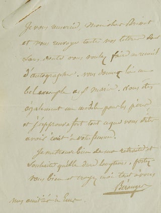 Item #250044 Autograph Letter, signed (“Beranger”), to M. Brissot. Pierre-Jean Beranger