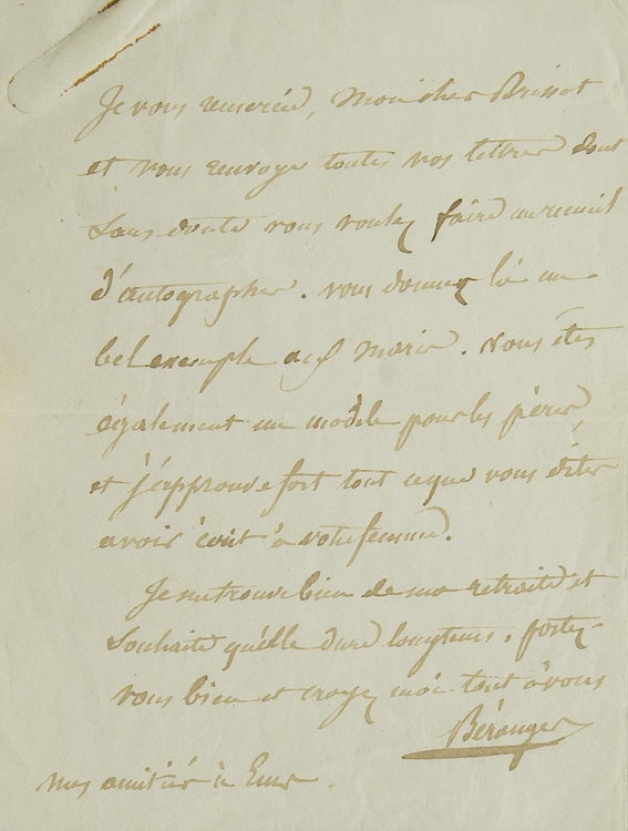 Item #250044 Autograph Letter, signed (“Beranger”), to M. Brissot. Pierre-Jean Beranger.