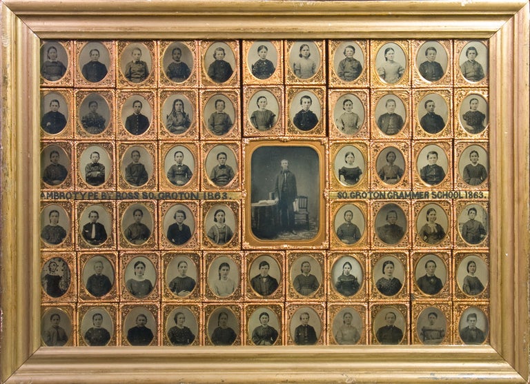Item #250053 [Framed collection of 62 cased ambrotype portraits of students with a larger ambrotype portrait of a schoolteacher at center]. Ross, photographer.