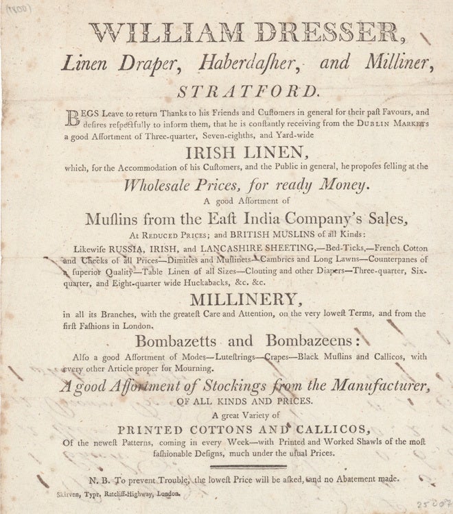 Broadside Advertisement William Dresser, Linen Draper, Haberdasher, and ...