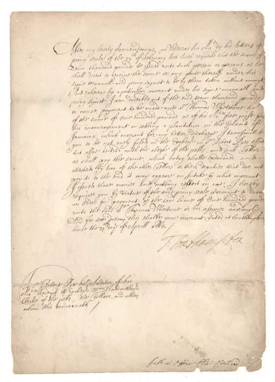 Document Signed. 1662 privy seal warrant issued to future Jamaican privateer and Speaker of the Jamaica House of Assembly, Sir Thomas Whetstone