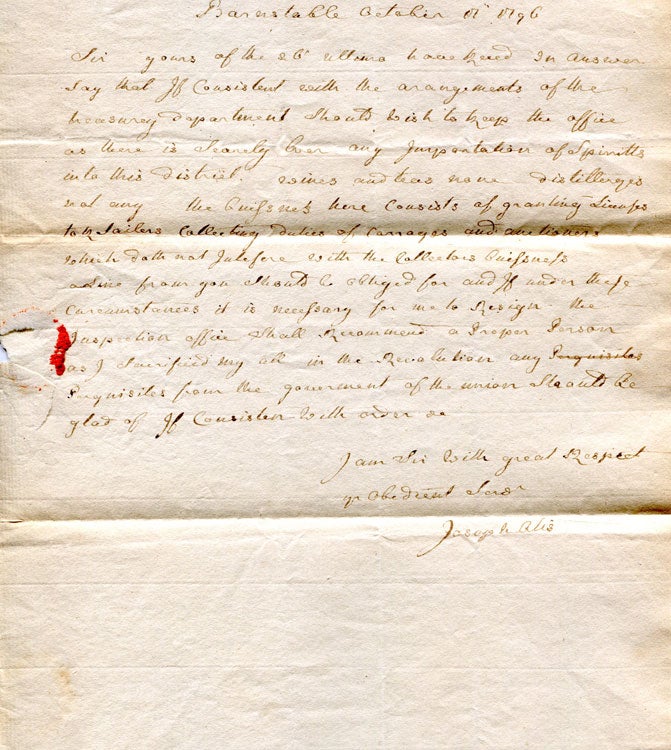 Item #250306 Autograph letter signed, ("Joseph Otis") to Jonathan Jackson ("Sir") regarding his position as Collector of Customs. MA BARNSTABLE, Joseph Otis.