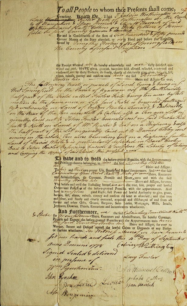 Partially printed document of Land deed in West Springfield in the Parish of Agawan, [Masachusetts]