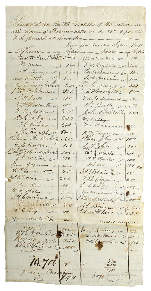 Item #251158 Autograph Manuscript Subscription for copies of a speech made by Rep. George H. Pendleton Before the House on January 19, 1862, Signed by 56 Members of the US House of Representatives. Civil War, George Hunt Pendleton.
