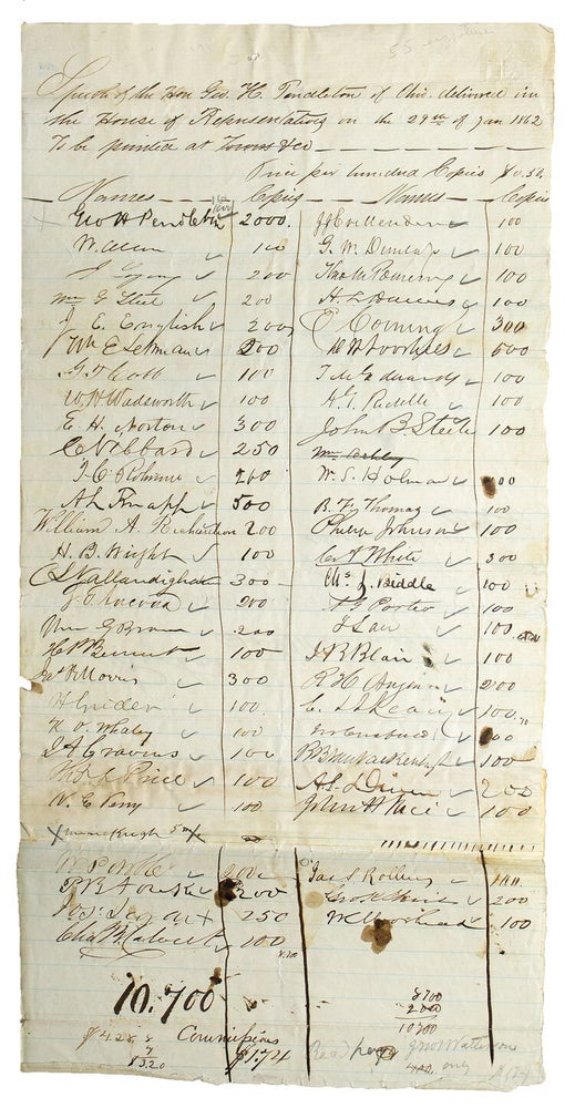 Autograph Manuscript Subscription for copies of a speech made by Rep. George H. Pendleton Before the House on January 19, 1862, Signed by 56 Members of the US House of Representatives
