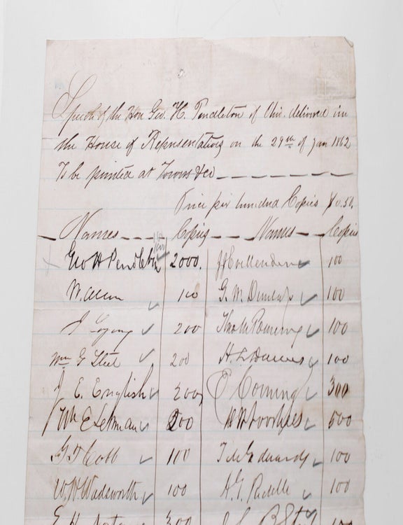 Autograph Manuscript Subscription for copies of a speech made by Rep. George H. Pendleton Before the House on January 19, 1862, Signed by 56 Members of the US House of Representatives