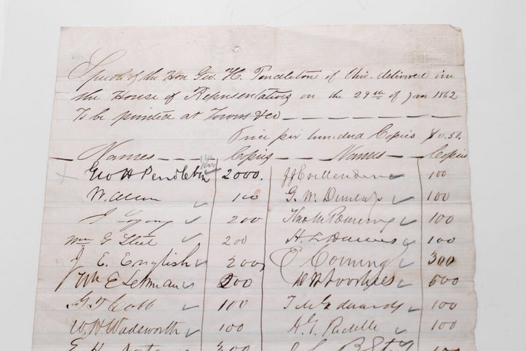 Autograph Manuscript Subscription for copies of a speech made by Rep. George H. Pendleton Before the House on January 19, 1862, Signed by 56 Members of the US House of Representatives