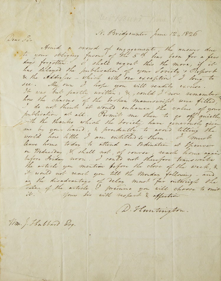 Item #251190 Autograph letter signed ("D. Huntington") to William J. Hubbard, Esq. ("Sir"). Rev. Daniel Huntington.