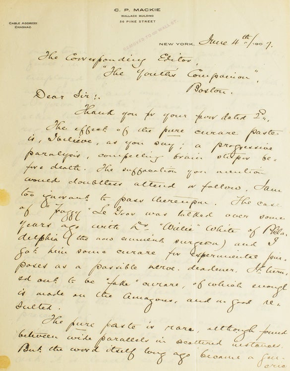 Item #251217 Autograph Letter, Signed. To Corrresponding Editor of the Youth's Companion (S.O. O"Donnell). On curare. Curare, Charles Paul Mackie.