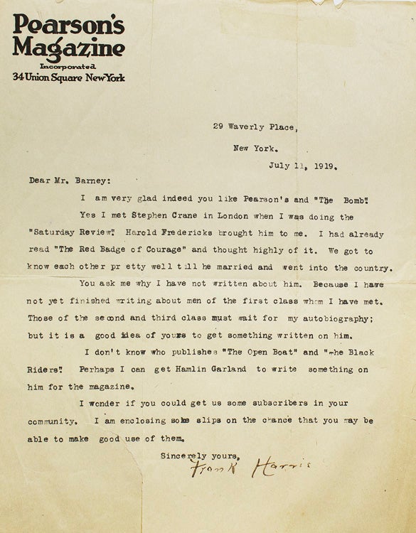 Item #251389 Typed Letter, signed, to E.C. Barney of Milwaukee, Wisconson, about Stephen Crane. Stephen Crane, Frank Harris.