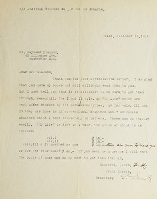 Item #251390 Typed Letter, signed. (“F.H.”), to fan Raymond Diamond, of Rochester, NY, on ...