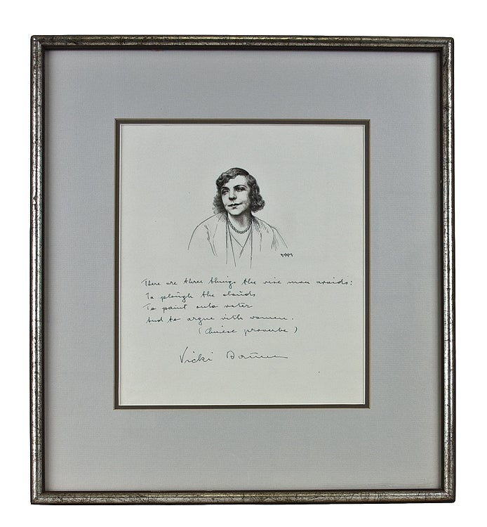 Item #252003 Original pen and ink portrait of Vicki Baum. Inscribed with 4-line Chinese proverb. Vicki Baum, Robert Kastor.