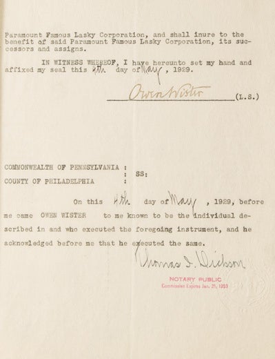Item #252025 Document, signed ("Owen Wister"), being an agreement between Paramount and Wister. Owen Wister.
