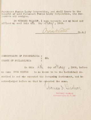 Item #252025 Document, signed ("Owen Wister"), being an agreement between Paramount and...