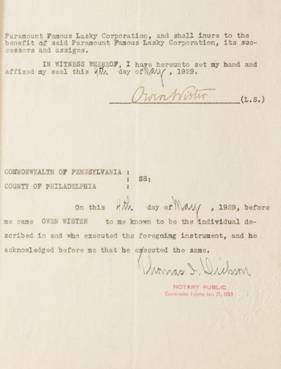 Item #252025 Document, signed ("Owen Wister"), being an agreement between Paramount and Wister. Owen Wister.