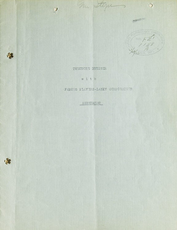 Document Signed ("Theodore Dreiser") three times, agreement with Famous Players-Lasky Corporation, also signed by Jesse Lasky, of the Players-Lansky corporation