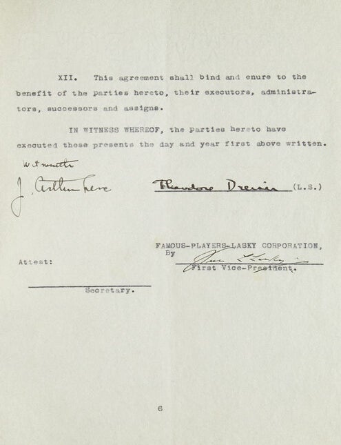 Document Signed ("Theodore Dreiser") three times, agreement with Famous Players-Lasky Corporation, also signed by Jesse Lasky, of the Players-Lansky corporation