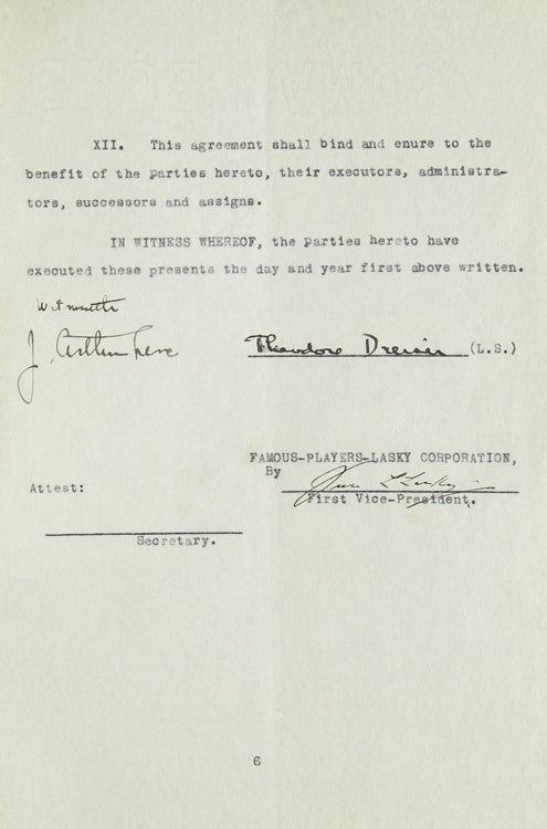 Document Signed ("Theodore Dreiser") three times, agreement with Famous Players-Lasky Corporation, also signed by Jesse Lasky, of the Players-Lansky corporation