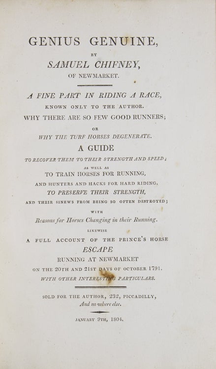 Genius Genuine ... A fine part in riding a race, known only to the author ... with ... a full account of the Prince's horse Escape running at Newmarket on the 20th and 21st days of October 1791