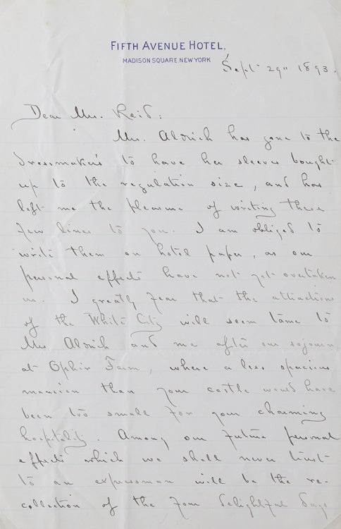 Item #253048 Autograph Letter, Signed. To Mr. (Whitelaw) Reid. Thanking him for four days at Ophir Farm. Thomas Bailey Aldrich.
