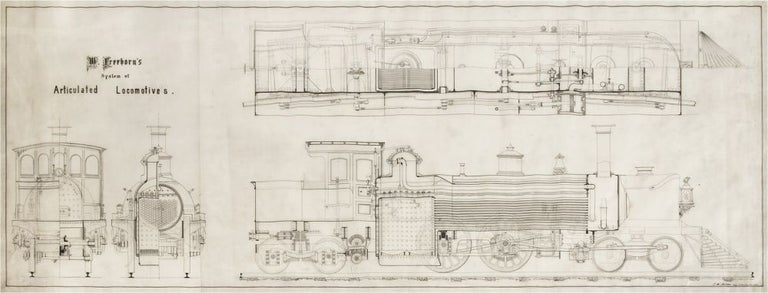 “W. Freeborn's system of Articulated Locomotives”: detailed engineering drawing, pen and ink on thin prepared translucent cloth, signed “J.H. Müller Eng. 25 Chambers Str. del”