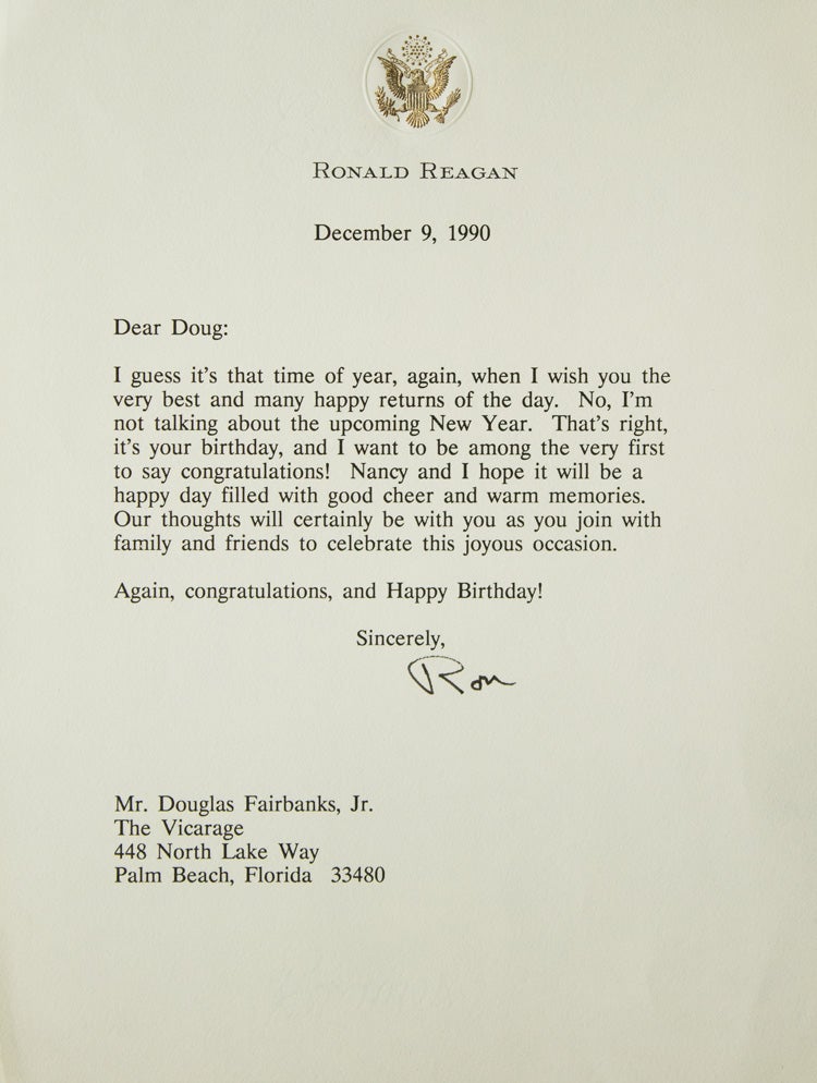 Item #253843 Typed Letter Signed ("Ron"), to Douglas Fairbanks, Jr., congratulating him on his 81st birthday. Ronald Reagan.