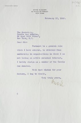Item #255488 Typed Letter Signed, on Otto H. Kahn's Stationery, to The Secretary, Cercles des...