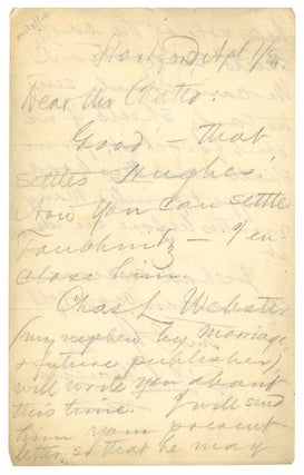 Item #255954 Autograph Letter, signed (“SL Clemens”), to his British publisher, Andrew...