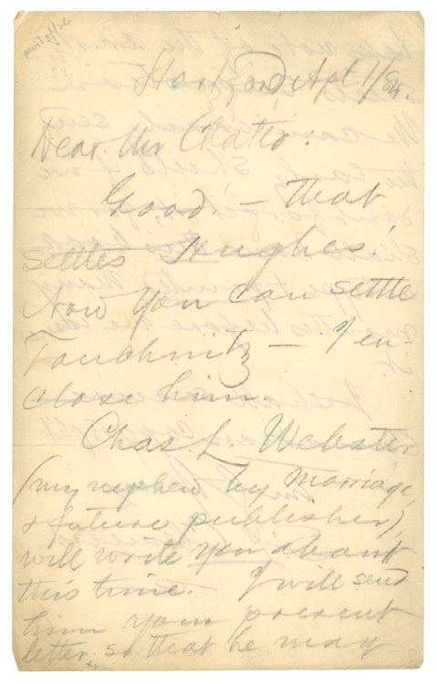 Autograph Letter, signed (“SL Clemens”), to his British publisher, Andrew Chatto, regarding the plans for publication of Adventures of Huckleberry Finn