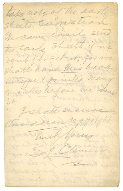 Autograph Letter, signed (“SL Clemens”), to his British publisher, Andrew Chatto, regarding the plans for publication of Adventures of Huckleberry Finn