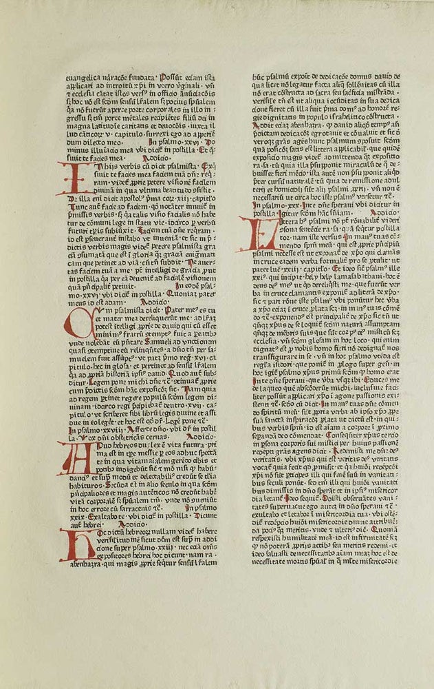 Item #256254 Printed Leaf from Nicolaus de Lyra's Postilla super Biblia, Strassburg, 1472. Incunable Leaf.