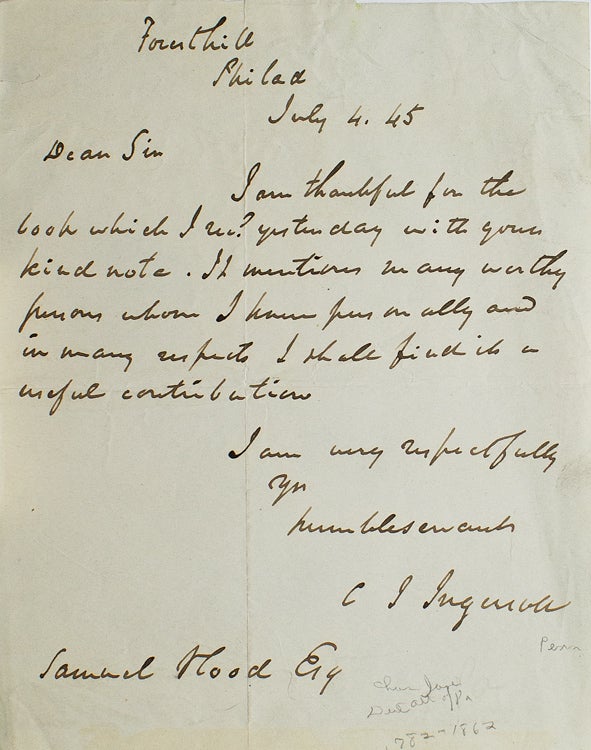 Item #256290 ALS. To Samuel Hood thanking him for abook. Charles Jared Ingersoll.