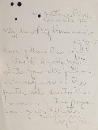 Item #256292 Autograph Letter, Signed. To Prof. Penniman. About loss on 2 pages in Act IV of the...