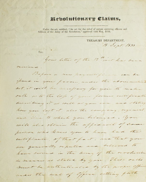 Letter, Signed. To Caleb Thomas about loss of certificate allowing for ...