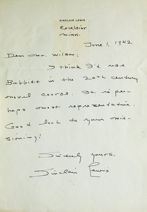 Item #256401 Autograph Letter, signed (“Sinclair Lewis”) responding to a query from Robert...