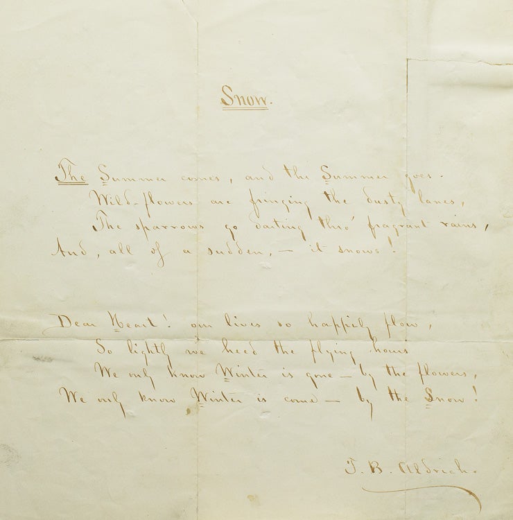 Manuscript poem "Snow", Signed. Eight lines