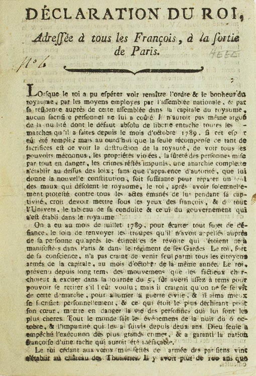 Item #256651 Déclartion du Roi, Adressé à tous les François, à la sortie de Paris [drop title]. Loius XVI.