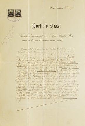 Item #256816 Partly Printed Document, signed (“Porfirio Diaz” wth a flourish), Patent for...