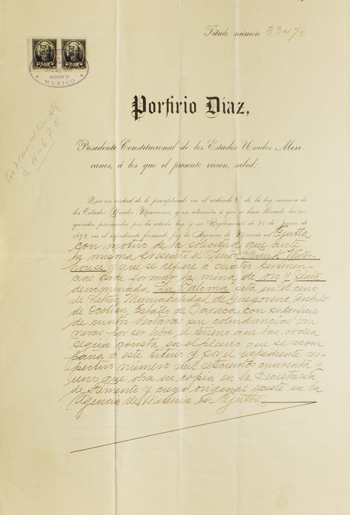 Item #256816 Partly Printed Document, signed (“Porfirio Diaz” wth a flourish), Patent for “La Paloma” gold and silver mine in Oaxaca, granted to Frank Waterhouse. Diaz Porfirio.