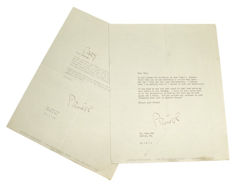Item #257640 Leopold Stokowski. Typed letter, signed ("Prince", Bok's nickname for him), invitation to the Cosmopolitan Club. Mr. Bok crossed out and Cary added in L.S.'s hand. Leopold Stokowski.