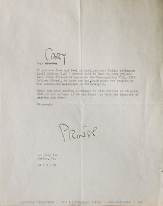 Item #257811 Leopold Stokowski. Typed letter, signed ("Prince", Bok's nickname for him), talking...